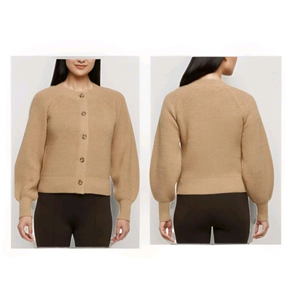 Banana Republic Womens Button Front Cardigan Tan Balloon Sleeve Ribbed Knit XL